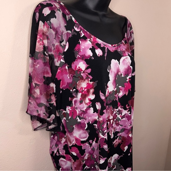 Large Susan Lawrence Blouse Short Sleeve Black Fuchsia Pink Floral Stretch - Picture 5 of 12